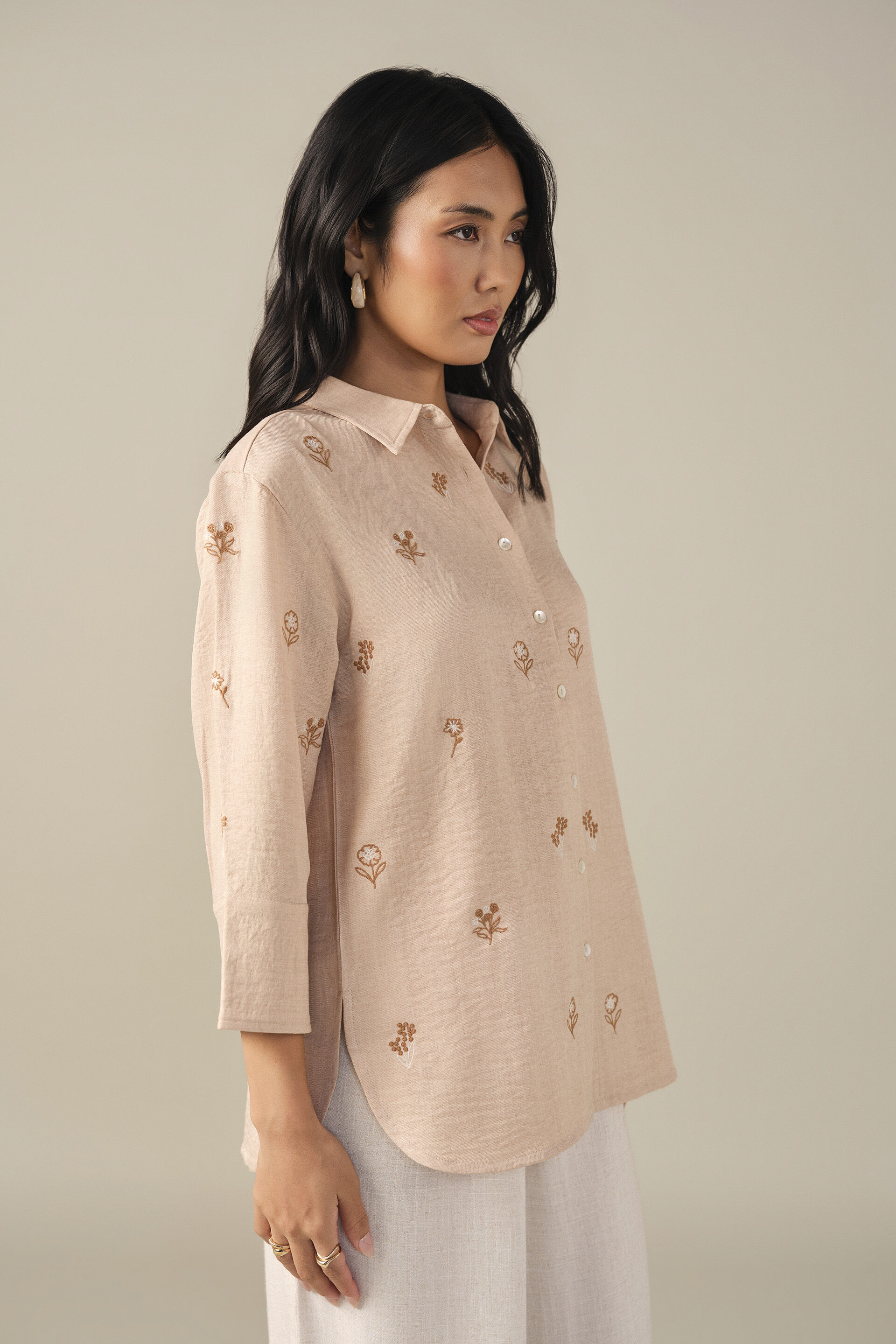Floral Embroidered Shirt in Beige, Beige, image 3